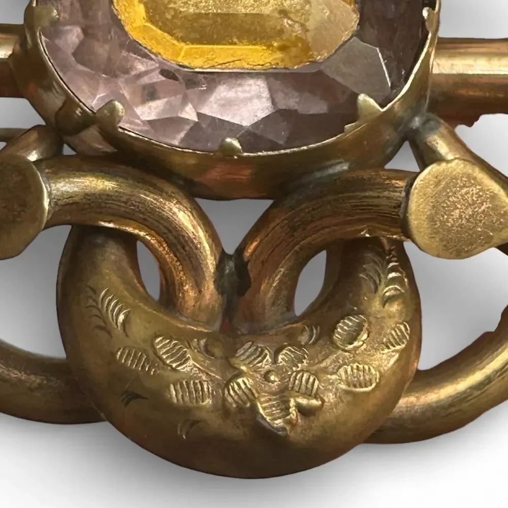 Victorian Gold Filled Lover's Knot Brooch, Faceted Paste Glass Center